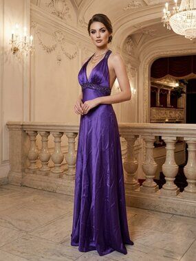 New Dave & Johnny Deep Purple Beaded Halter Satin Gown